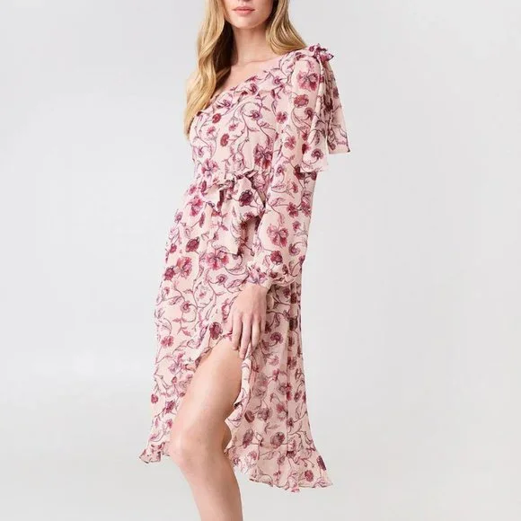 For Love & Lemons Agnes Pink Floral One Shoulder Dress, Small - Picture 4 of 6